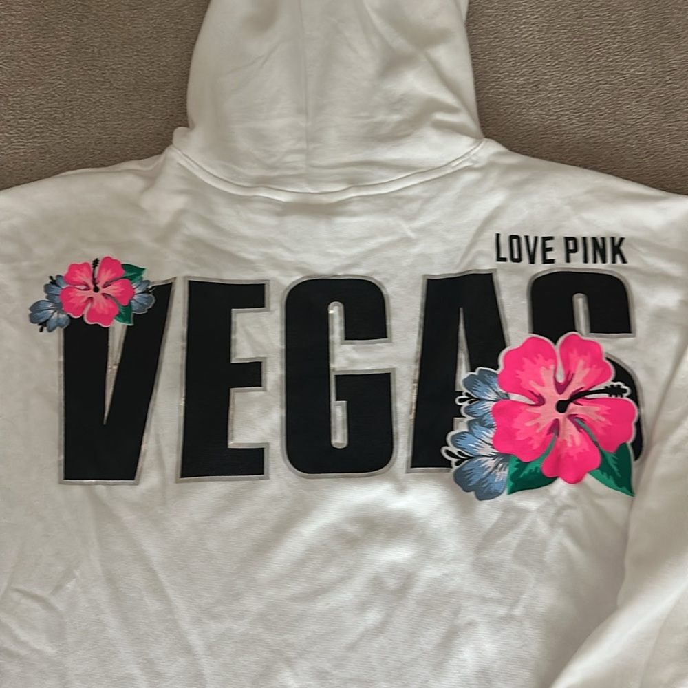 PINK Victoria's Secret L White Hoodie with Iridescent Logo Vegas
